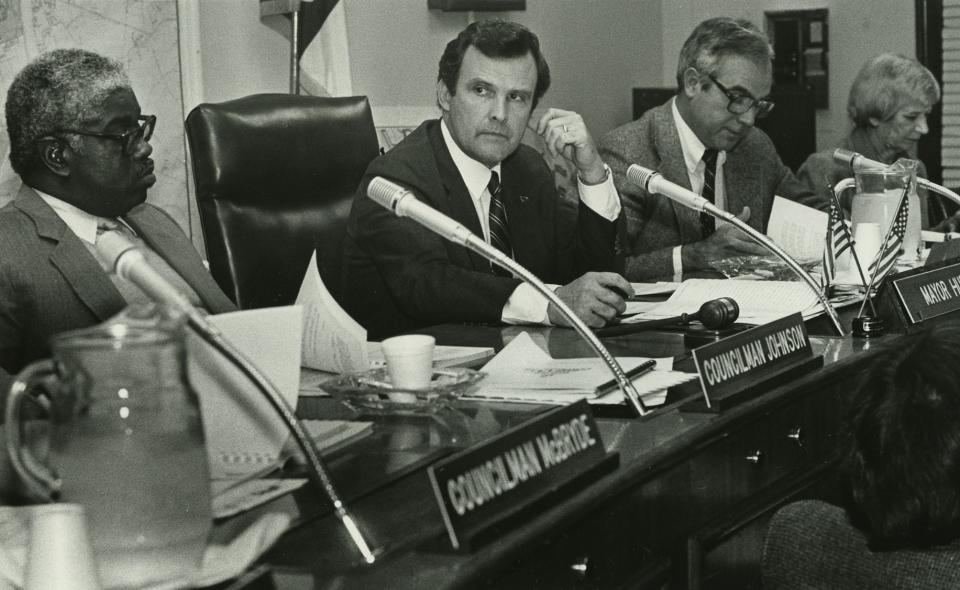 In this file photo from 1984, Aaron Johnson, left, is shown with Mayor Bill Hurley and Councilman J.L. Dawkins, on the Fayetteville City Council. Church members with Mt. Sinai Missionary Baptist Church will celebrate Johnson, who is pastor emeritus, for Black History Month on Sunday, Feb. 25, 2024.