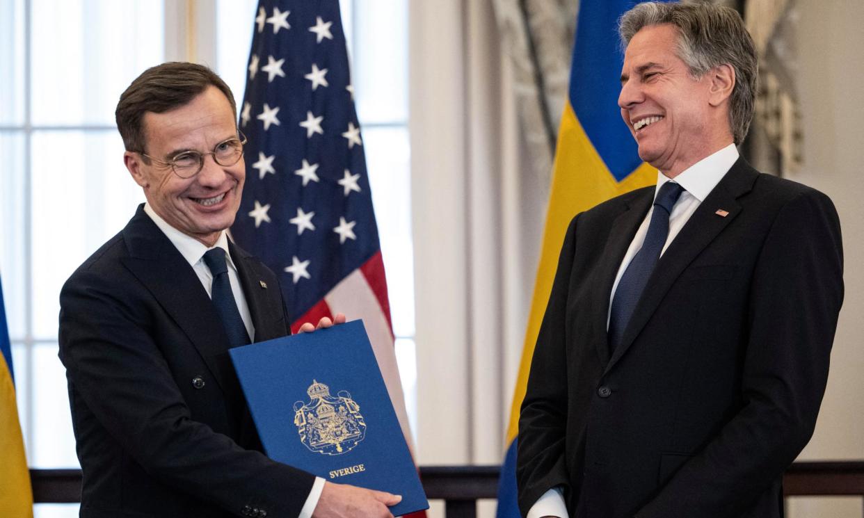 <span>The Swedish prime minister, Ulf Kristersson, left, and the US secretary of state, Antony Blinken, after the Nato ratification in Washington. </span><span>Photograph: Andrew Caballero-Reynolds/AFP/Getty Images</span>