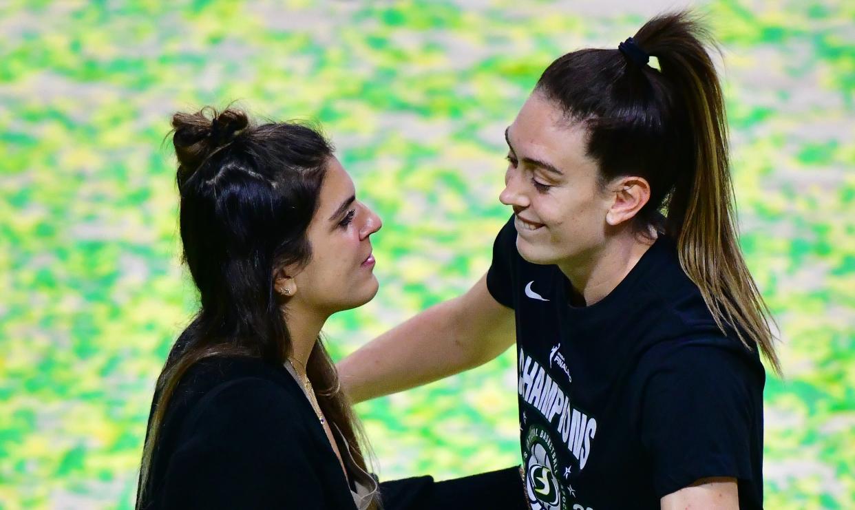 PALMETTO, FLORIDA - OCTOBER 06: Breanna Stewart #30 of the Seattle Storm hugs Marta Xargay after winning the WNBA Championship following Game 3 of the WNBA Finals against the Las Vegas Aces at Feld Entertainment Center on October 06, 2020 in Palmetto, Florida. NOTE TO USER: User expressly acknowledges and agrees that, by downloading and or using this photograph, User is consenting to the terms and conditions of the Getty Images License Agreement. (Photo by Julio Aguilar/Getty Images)