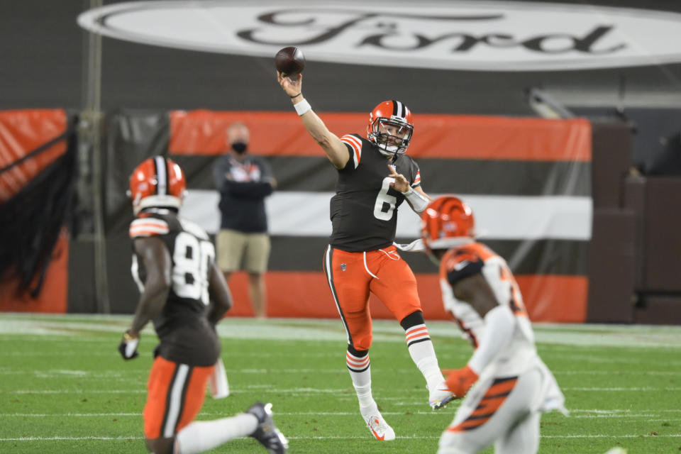 Cleveland Browns quarterback Baker Mayfield throws a pass during the first half of an NFL football game against the Cincinnati Bengals, Thursday, Sept. 17, 2020, in Cleveland. (AP Photo/David Richard)