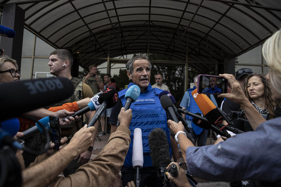 Rafael Mariano Grossi, Director General of the International Atomic Energy Agency, speaks to press members before leaving from the hotel with delegation to inspect the Zaporizhzhia Nuclear Power Plant in Ukraine on September 01, 2022. / Credit: Metin Aktas/Anadolu Agency via Getty Images