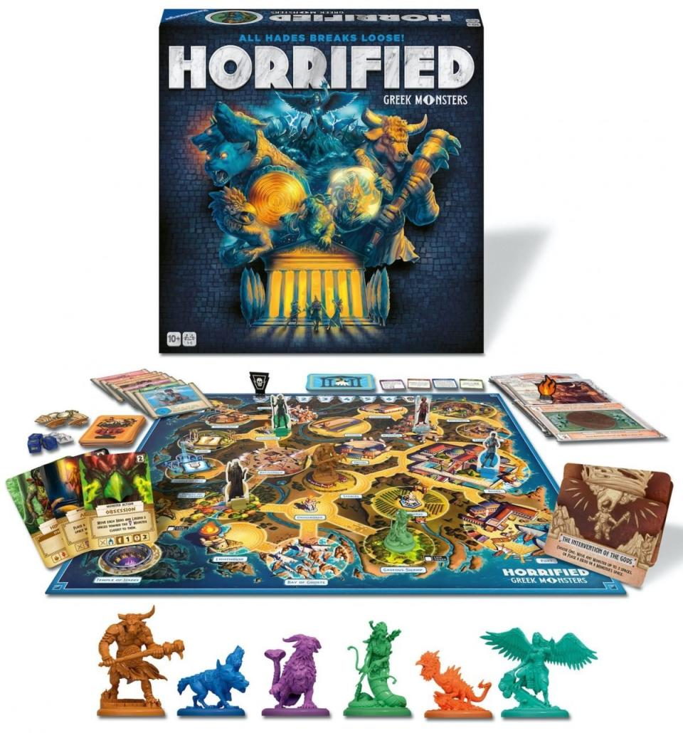 A zoomed out view of the Horrified: Greek Monsters box, game board, cards, and miniatures