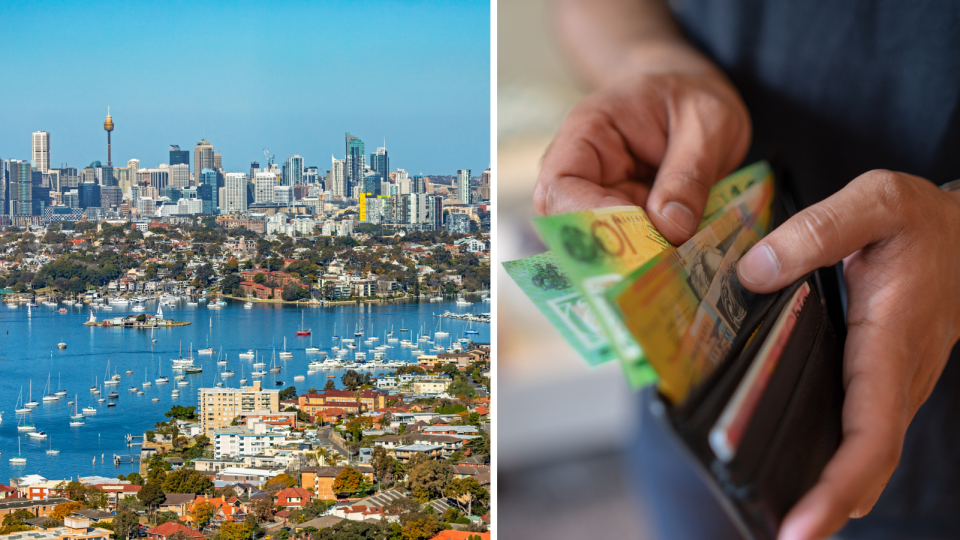 Aerial view of Sydney harbour, houses and apartments, hands holding wallet full of Australian cash.