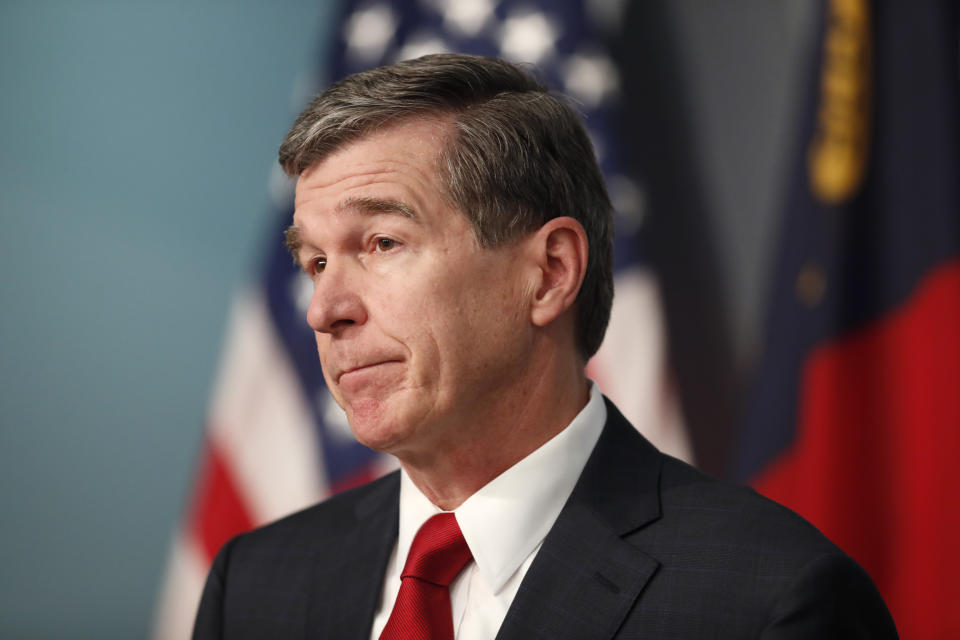 North Carolina Gov. Roy Cooper speaks during a briefing at the Emergency Operations Center in Raleigh, N.C., Tuesday, June 2, 2020.(Ethan Hyman/The News & Observer via AP)