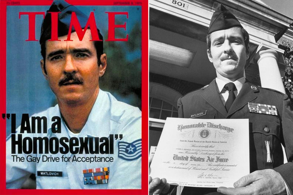 Left: United States Air Force Sergeant Leonard Matlovich on the cover of TIME in 1975. Right: Matlovich holds his Honorable Discharge papers at Langley Air Force Base in Virginia, Oct. 22, 1975. <span class="copyright">TIME; Bettmann/Getty Images</span>