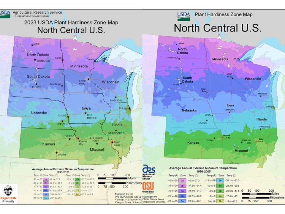 Δύο χάρτες δίπλα-δίπλα που δείχνουν ζώνες ανθεκτικότητας φυτών USDA στις βόρειες κεντρικές ΗΠΑ το 2023 και το 2012