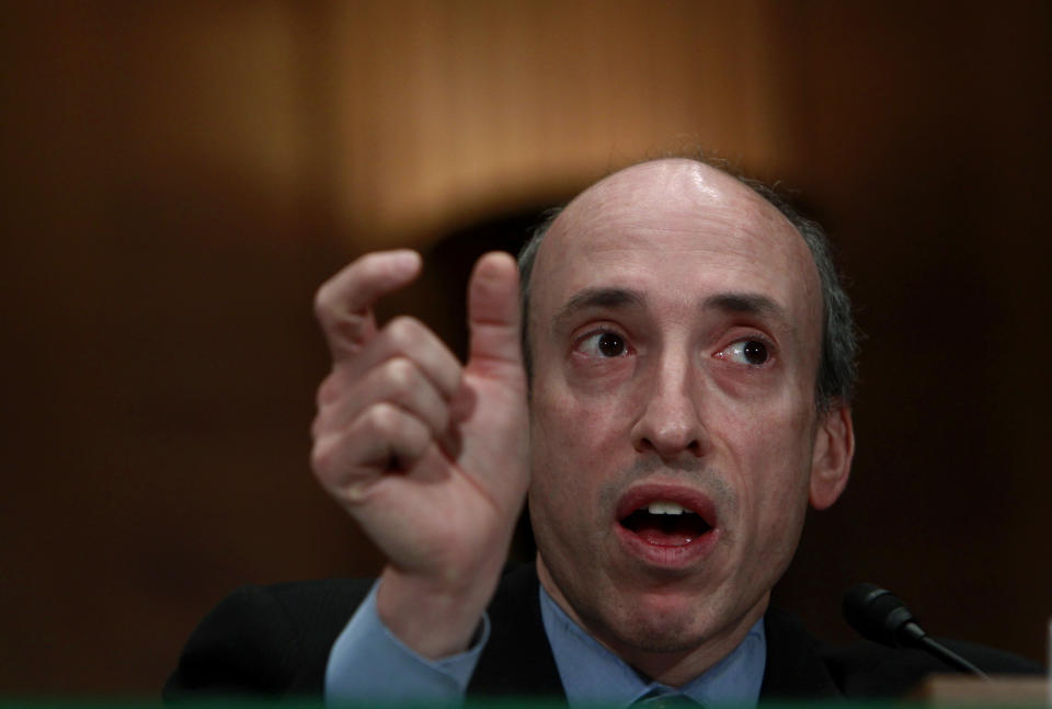 Commodity Futures Trading Commission Chairman Gary Gensler testifies before a Senate Banking Housing and Urban Affairs Securities, Insurance, and Investment Subcommittee hearing on 