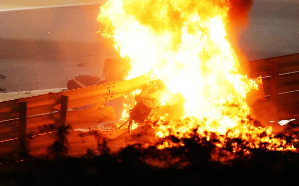 A fire is pictured following the crash of Romain Grosjean of France and Haas F1 during the F1 Grand Prix of Bahrain at Bahrain International Circuit on November 29, 2020 in Bahrain, Bahrain - Getty Images Europe 