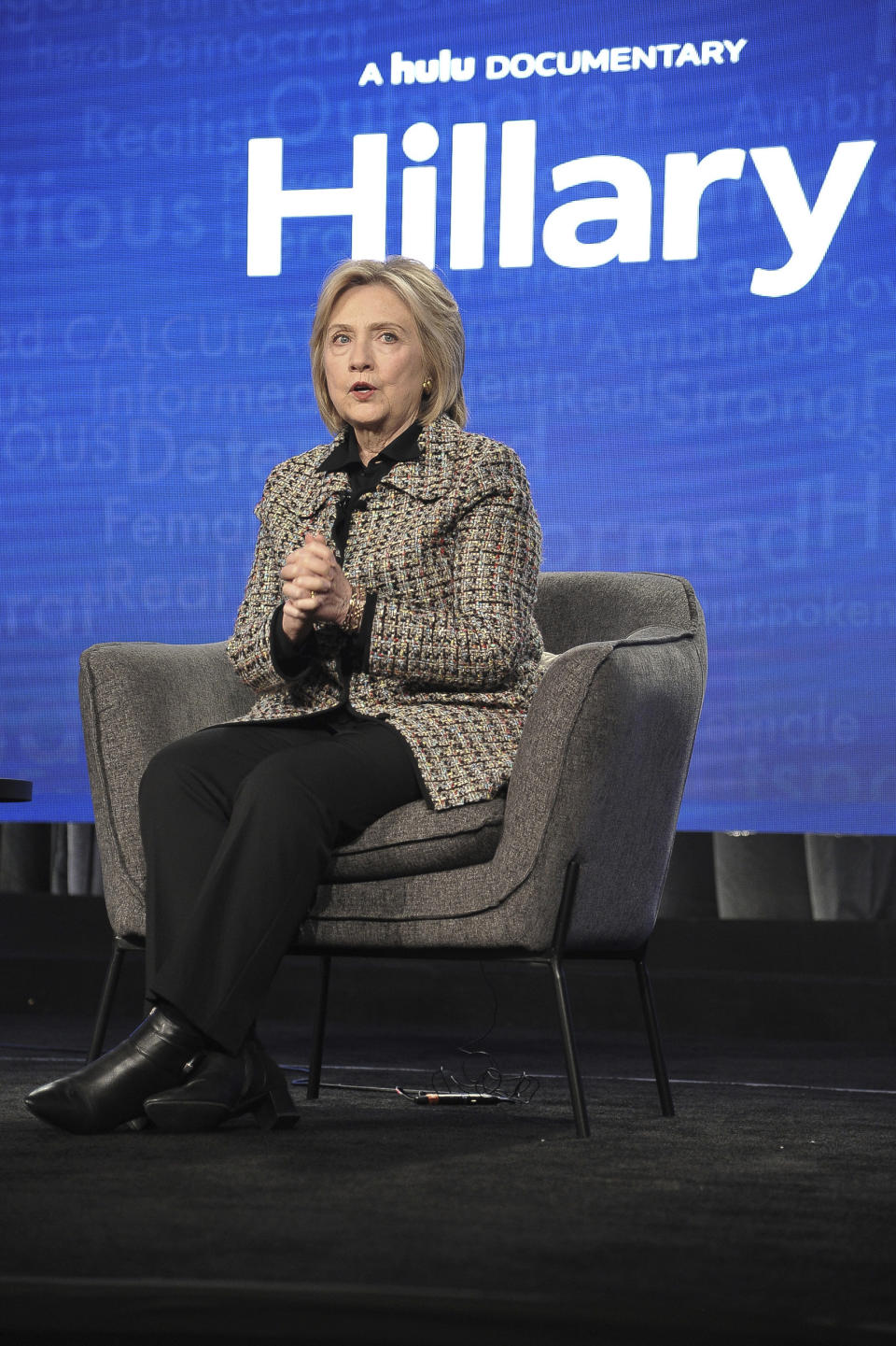 Hillary Clinton participates in the Hulu "Hillary" panel during the Winter 2020 Television Critics Association Press Tour, on Friday, Jan. 17, 2020, in Pasadena, Calif. (Photo by Richard Shotwell/Invision/AP)