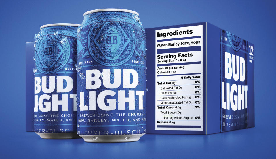 This undated product image provided by Bud Light shows a new nutrition label. Starting next month, packages of Bud Light will have prominent labels showing the beer’s ingredients and calories as well as the amount of fat, carbohydrates and protein in a serving. Bud Light is likely the first of many to make the move. The labels aren’t legally required, but major beer makers agreed in 2016 to voluntarily disclose nutrition facts on their products by 2020. (Bud Light via AP)