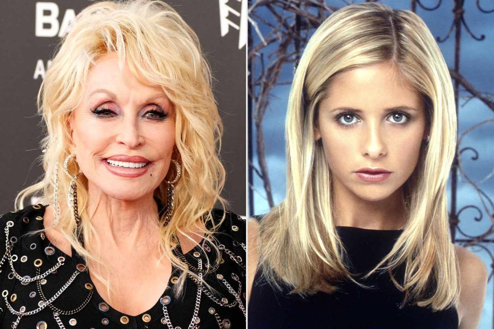 <p>Jeff Kravitz/FilmMagic; Getty</p> Dolly Parton and Sarah Michelle Gellar in "Buffy the Vampire Slayer"