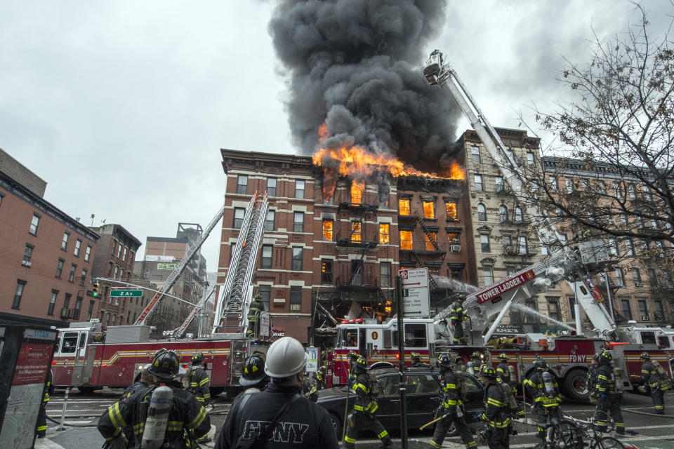 Building at 121 Second Avenue in East Village, near Seventh Street collapsed after it was rocked by a blast and a fierce fire that sent black smoke into the sky.(Photo By: Joe Marino/NY Daily News via Getty Images)