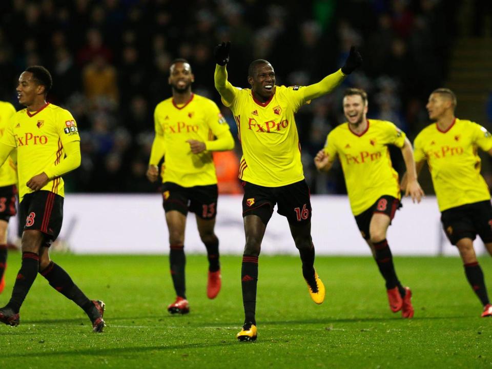 Abdoulaye Doucoure celebrates Watford's second goal against Leicester (Getty)