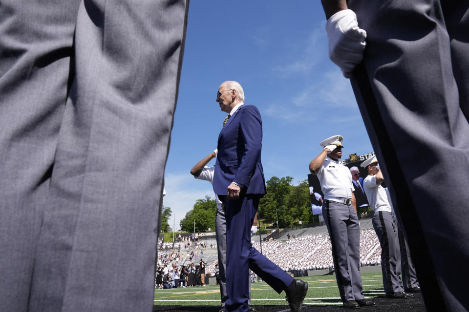 President Joe Biden walks to speak to graduating cadets at the U.S. Military Academy commencement ceremony, Saturday, May 25, 2024, in West Point, N.Y. (AP Photo/Alex Brandon)