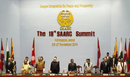 (Front L-R) Afghanistan's President Ashraf Ghani, Bangladesh's Prime Minister Sheikh Hasina, Bhutan's Prime Minister Tshering Tobgay, India's Prime Minister Narendra Modi, Maldives' President Abdulla Yameen, Nepal's Prime Minister Sushil Koirala, Pakistan's Prime Minister Nawaz Sharif and Sri Lanka's President Mahinda Rajapaksa attend the opening session of 18th South Asian Association for Regional Cooperation (SAARC) summit in Kathmandu November 26, 2014. REUTERS/Narendra Shrestha/Pool