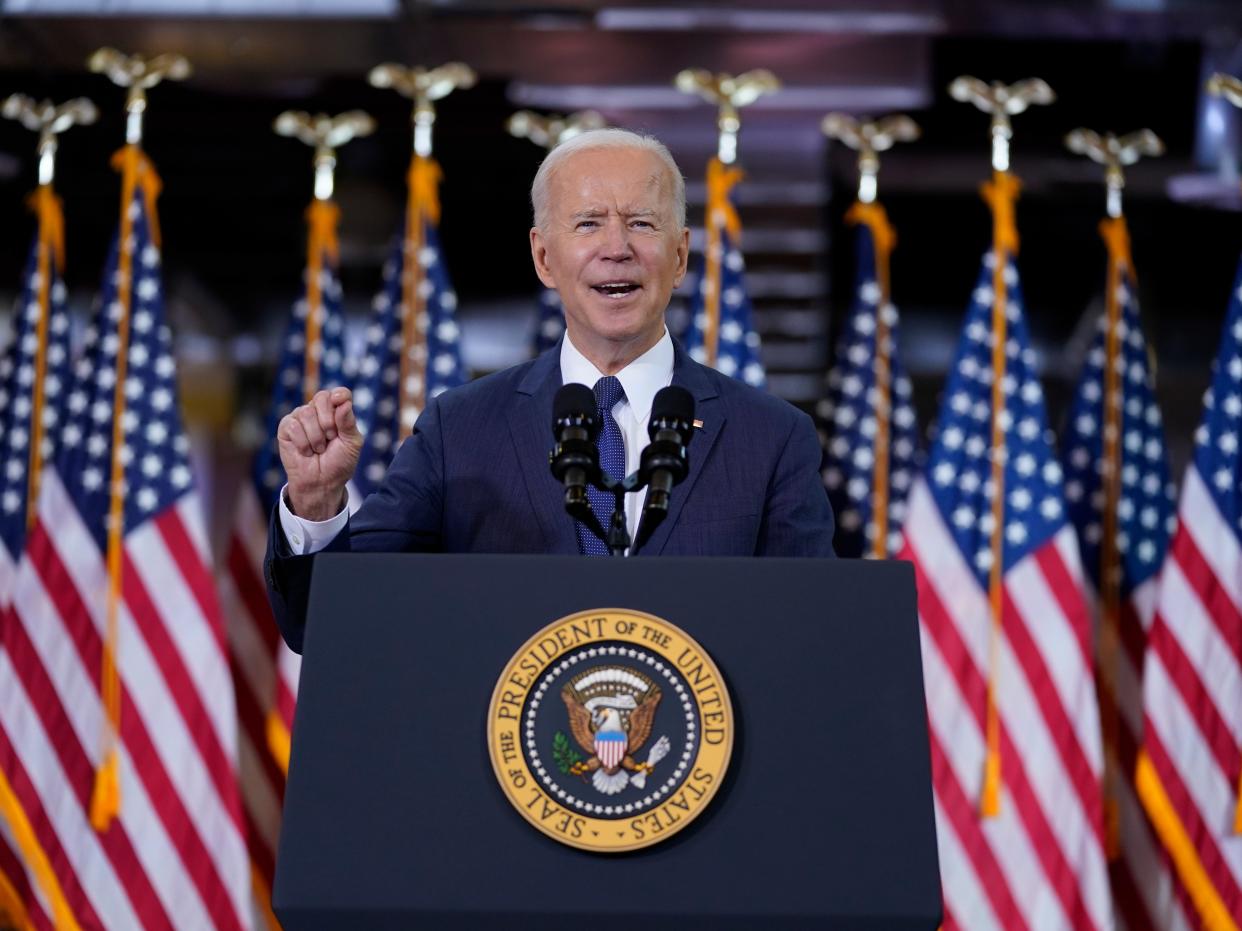 <p>President Joe Biden delivers a speech on infrastructure spending at Carpenters Pittsburgh Training Centre on Wednesday 31 March 2021, in Pittsburgh</p> ((AP))