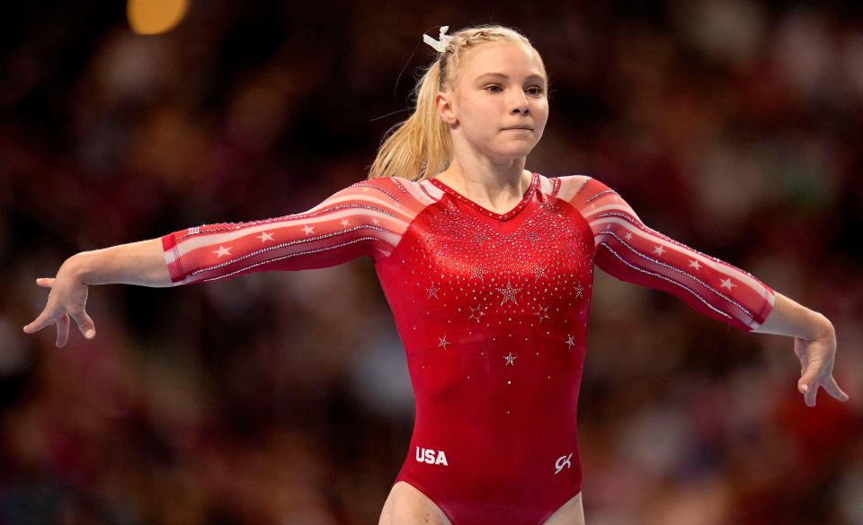 Jade Carey competes in the floor exercise during the women's U.S. Olympic Gymnastics Trials Friday, June 25, 2021, in St. Louis, Missouri.