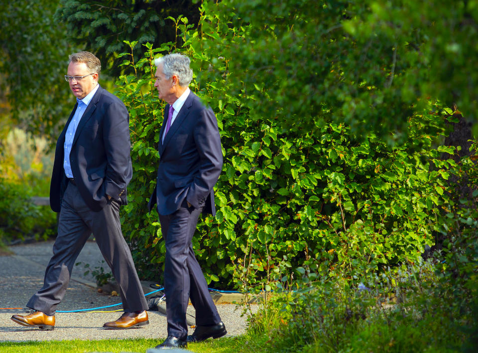 John Williams President and CEO of the Federal Reserve Bank of New York, and Jerome Powell, Chairman of the Board of Governors of the Federal Reserve System walk together after Powell's speech at the Jackson Hole Economic Policy Symposium on Friday, Aug. 24, 2018 in Jackson Hole, Wyo. (AP Photo/Jonathan Crosby)