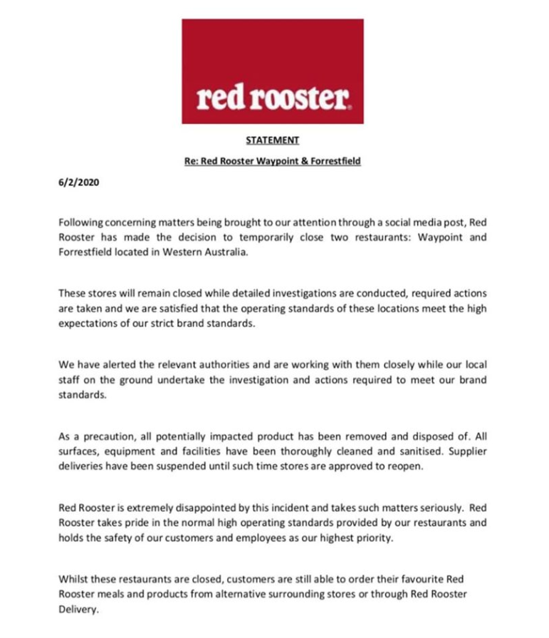 Red Rooster's statement. Source: Red Rooster