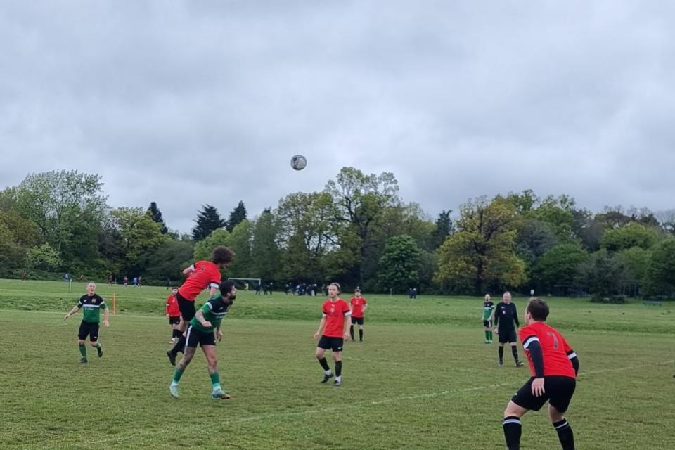 Aerial action from Watford Sports' (red shirts) defeat at the hands of Old Fullerians <i>(Image: Watford Sports FC)</i>