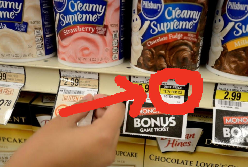grocery store price sticker with the cost per ounce circled