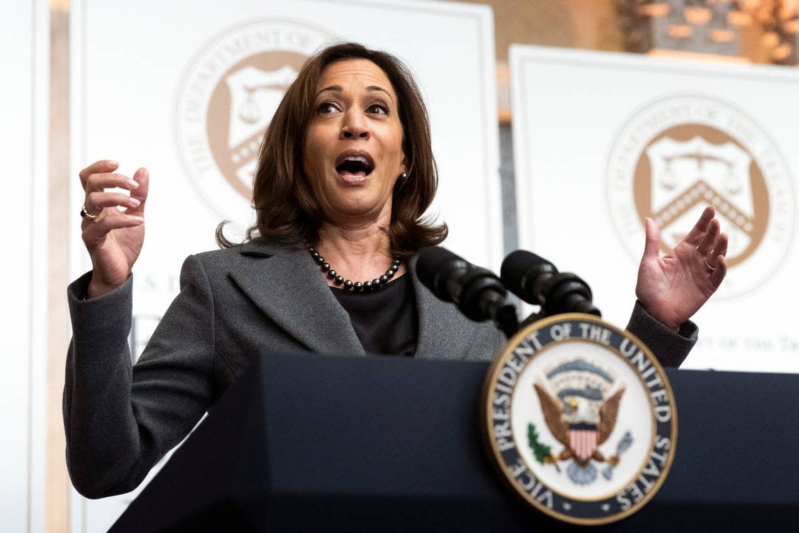 Vice President Kamala Harris speaking Oct. 4 at the Treasury Department in Washington. (AP Photo/Manuel Balce Ceneta)