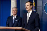 President Donald Trump's White House senior adviser Jared Kushner, right, accompanied by White House national security adviser Robert O'Brien, left, speaks at a press briefing in the James Brady Press Briefing Room at the White House in Washington, Thursday, Aug. 13, 2020, after Trump announced that the United Arab Emirates and Israel have agreed to establish full diplomatic ties as part of a deal to halt the annexation of occupied land sought by the Palestinians for their future state. (AP Photo/Andrew Harnik)