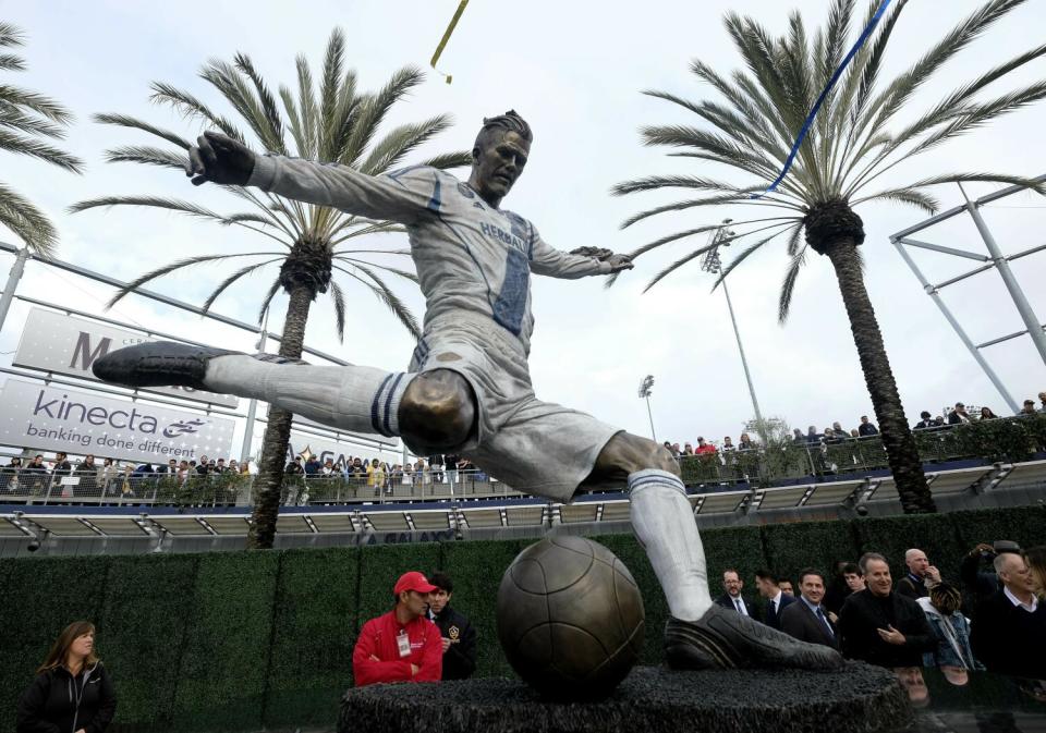 The statue of former Galaxy midfielder David Beckham at Dignity Health Sports Park was unveiled on March 2, 2019.