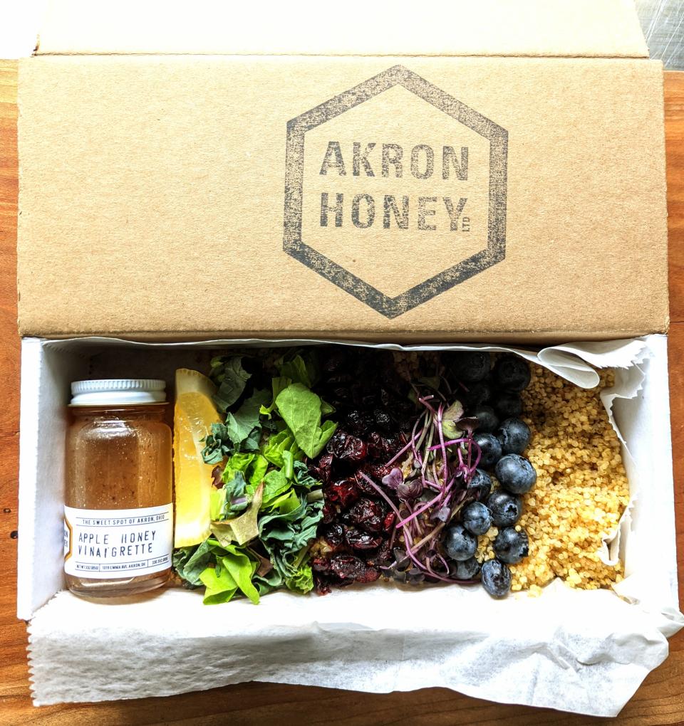 The quinoa-based Microfarm Lunchbox with fruits, berries and apple honey vinaigrette will debut at Akron Honey's Market Day Sunday.