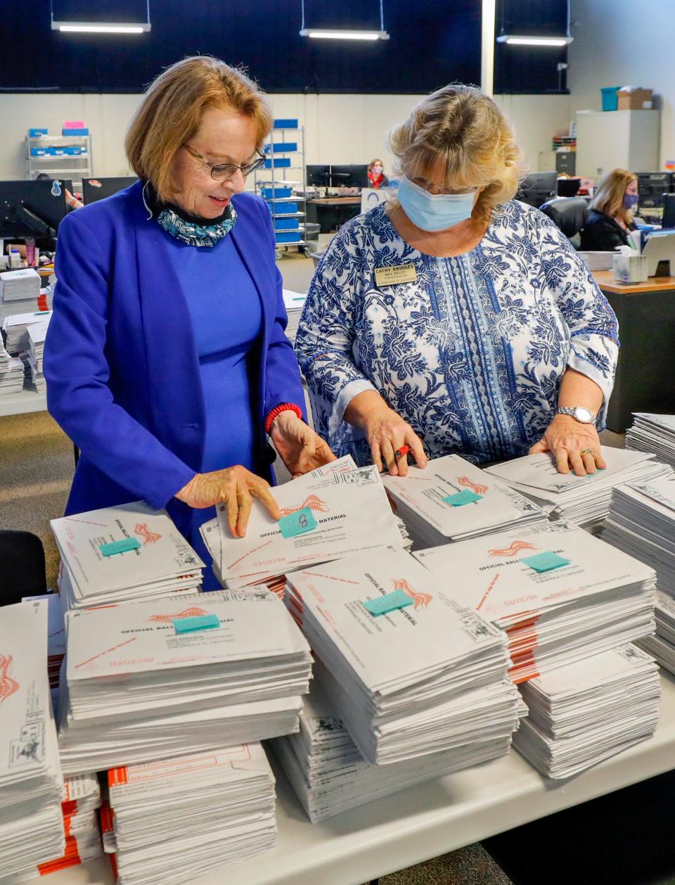 (L-R) Lori Edwards, Supervisor of Elections, and Cathy Bridges, mail ballot coordinator, with some of the mail in ballots that have already arrived at the Polk County Supervisor of Elections facility in Winter Haven, Florida  October 8, 2020.       