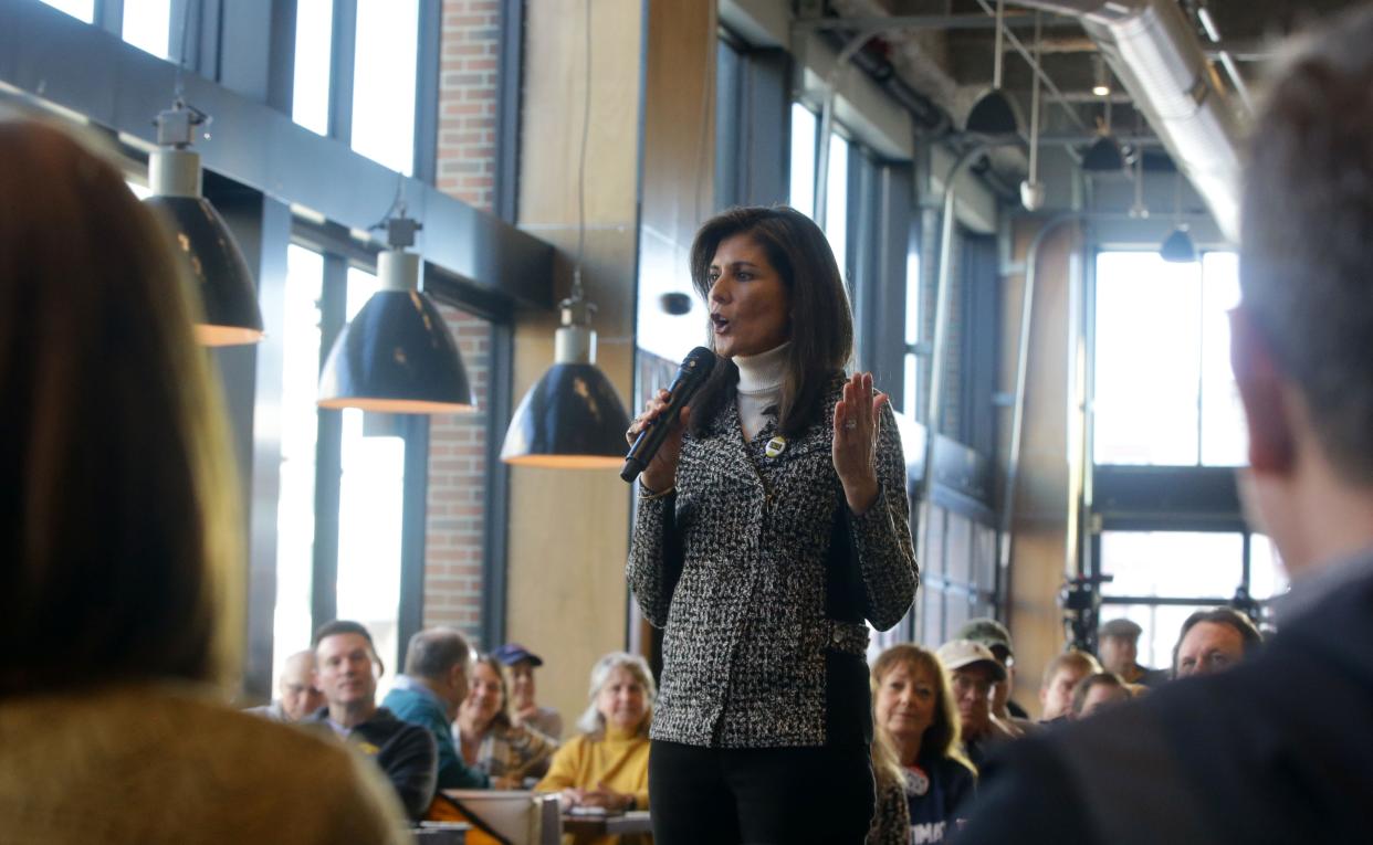 Nikki Haley speaks to a crowd Saturday, Dec. 30, 2023 at the Iowa Athletic Club in Iowa City, Iowa.