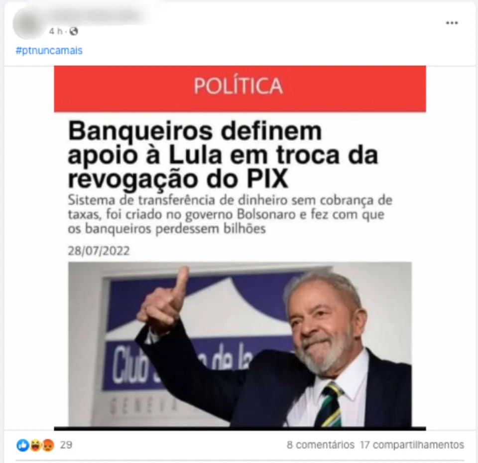 Captura de tela de uma montagem de suposta notícia de que Lula teria recebido o apoio de banqueiros em troca da revogação do PIX (Foto: Facebook / Reprodução)  