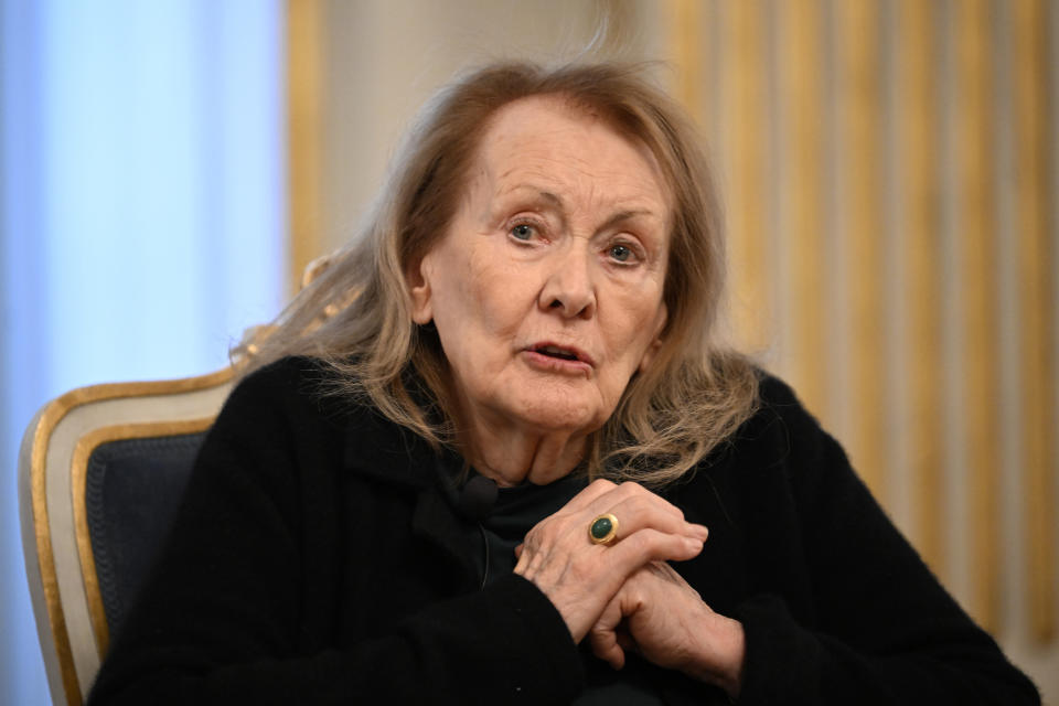 French writer Annie Ernaux, winner of the 2022 Nobel Prize in Literature, attends a press conference, in Stockholm, Tuesday, Dec. 6, 2022. The Nobel prize recipients, all but the Peace Prize which is handed out in neighboring Norway, will receive the coveted awards during a ceremony Saturday at the Stockholm Concert Hall attended by Sweden’s royal family. (Anders Wiklund/TT News Agency via AP)