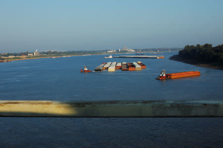 Towboats and barges wait during lock delays at Locks 52 and 53 on the Ohio River in Cairo, Illinois, U.S., September 20, 2017. According to the U.S. Army Corps of Engineers, modernization of the facilities at Locks and Dam 52 and Locks and Dam 53 were authorized under the provisions of the Rivers and Harbors Act of March 3, 1909, but the original structure of 52 was completed in 1928 and 53’s original structure was completed in 1929. Photograph taken at N36°59.683' W89°08.696'. Photo taken September 20, 2017. REUTERS/Brian Snyder