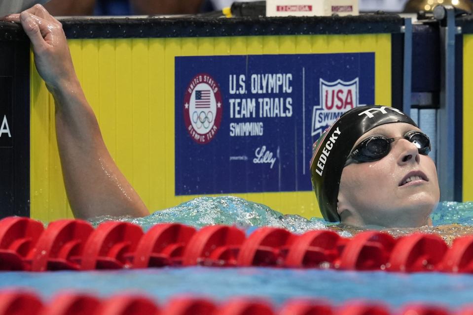 Katie Ledecky after a Women's 1500 freestyle preliminary heat Tuesday, June 18, 2024, at the US Swimming Olympic Trials in Indianapolis. (AP Photo/Darron Cummings)