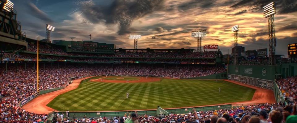 Side view of Fenway Park with the sunset.