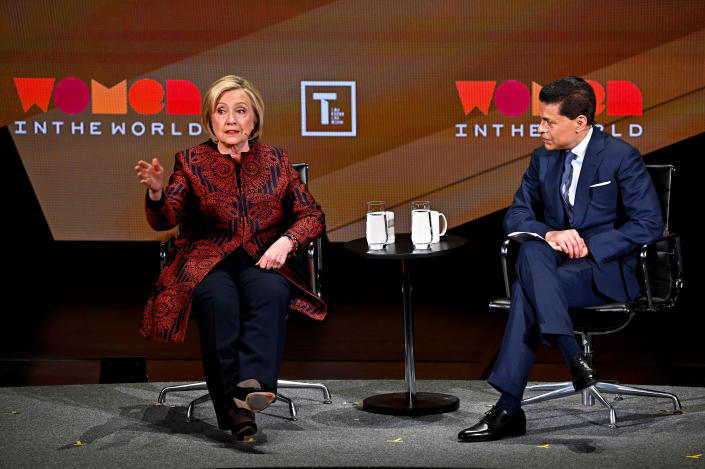 NEW YORK, NEW YORK - APRIL 12: Hillary Clinton and Fareed Zakaria speak during the 10th Anniversary Women In The World Summit at David H. Koch Theater at Lincoln Center on April 12, 2019 in New York City. (Photo by Mike Coppola/Getty Images)