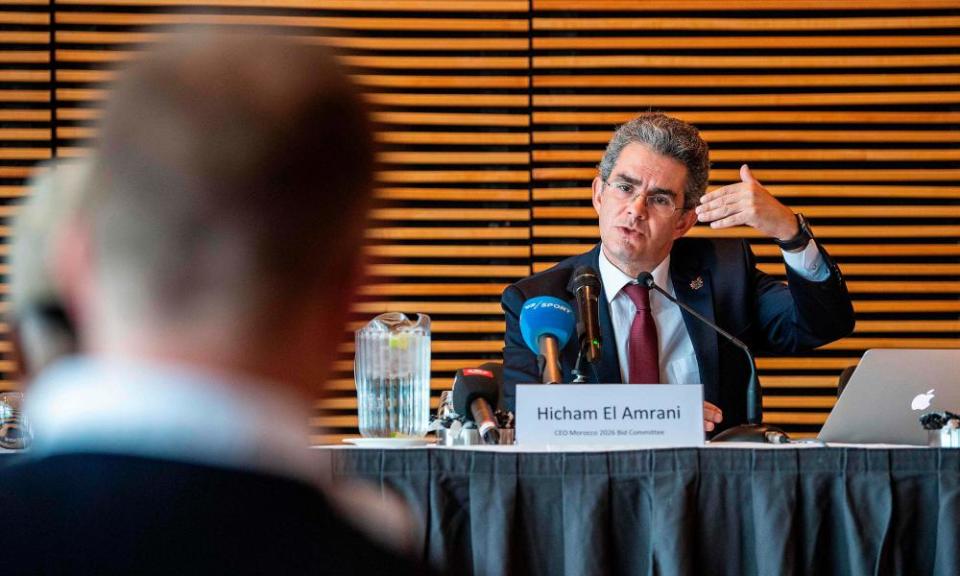 <span class="element-image__caption">Hicham El Amrani, chief executive of Morocco’s bid committee addresses the media.</span> <span class="element-image__credit">Photograph: Anders Kjaerbye/AFP/Getty Images</span>