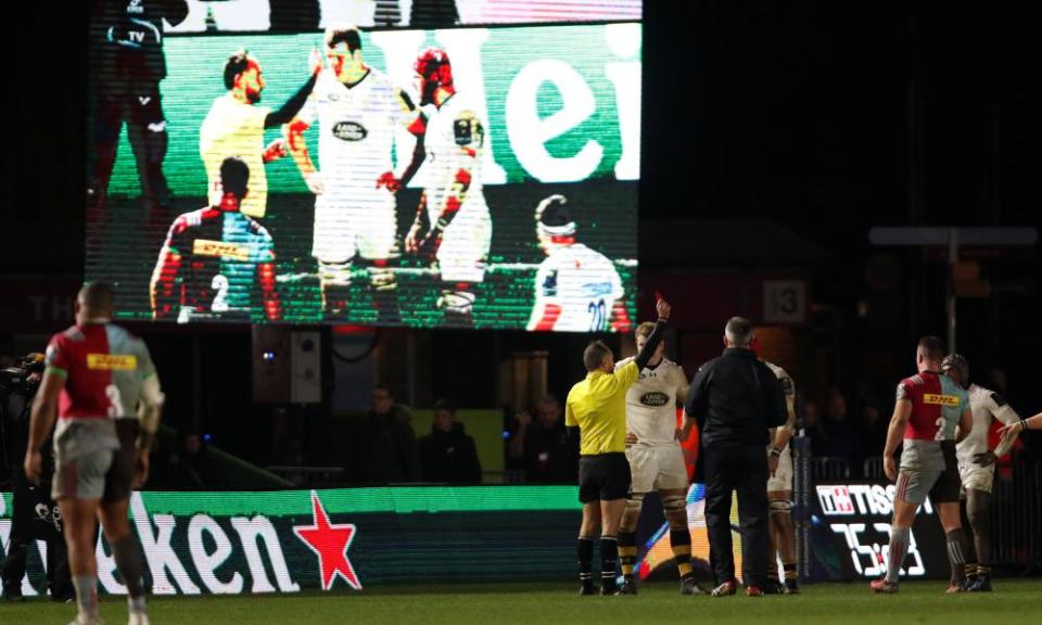 Wasps’ James Haskell is shown a red card after a high tackle on Harlequins’ Jamie Roberts at the Stoop on Saturday, and now waits to hear of his punishment.