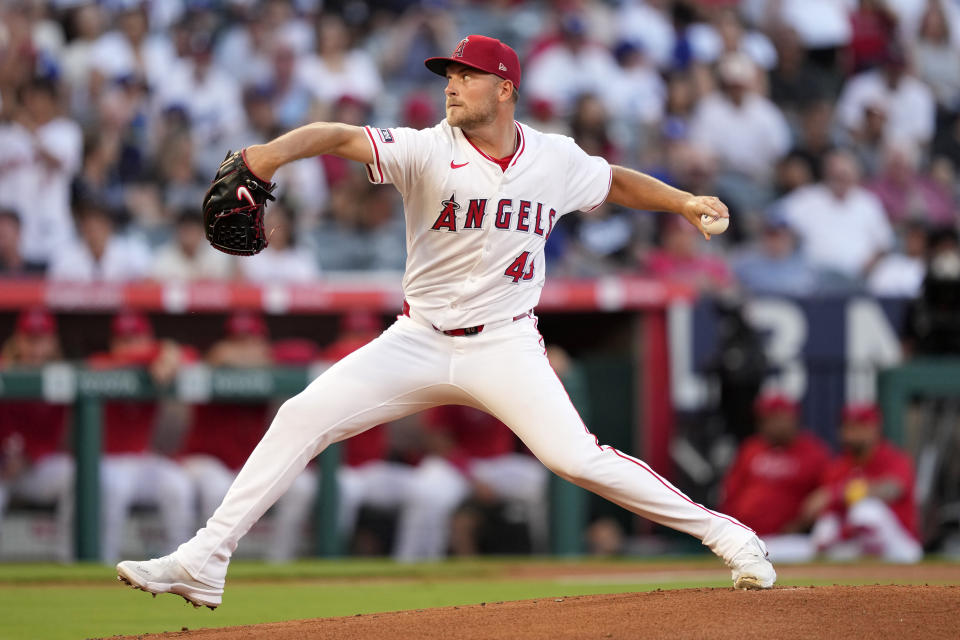 Los Angeles Angels starting pitcher Reid Detmers throws to the plate during the first inning of a baseball game against the Los Angeles Dodgers Tuesday, Sept. 3, 2024, in Anaheim, Calif. (AP Photo/Mark J. Terrill)