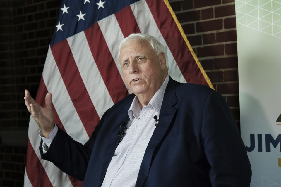 West Virginia Gov. Jim Justice speaks at an election night watch party at the governor's mansion in Charleston, W.Va., on Tuesday, May 14, 2024, after he won the GOP nomination for the U.S> Senate seat being vacated by Democratic Sen. Joe Manchin . (AP Photo/Chris Jackson)