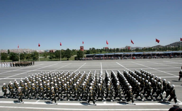 Turkish soldiers march during a military parade in Ankara