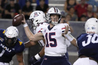 Arizona quarterback Will Plummer throws down field against Northern Arizona during the first half of an NCAA college football game, Saturday, Sept. 18, 2021, in Tucson, Ariz. (AP Photo/Rick Scuteri)