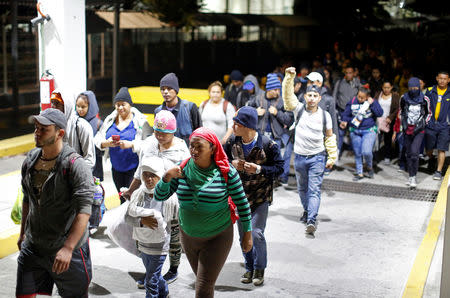 People belonging to a caravan of migrants from Honduras en route to the United States, walk at the border crossing to Mexico in Hidalgo, Mexico, January 18, 2019. REUTERS/Jose Cabezas