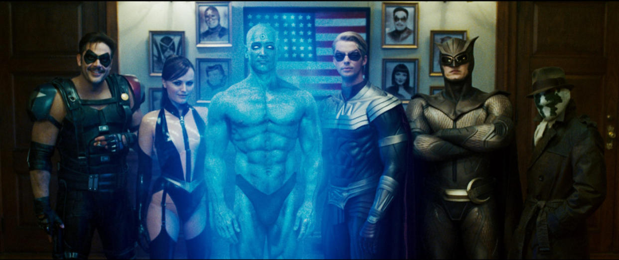 Jeffrey Dean Morgan, Malin Akerman, Billy Crudup, Matthew Goode, Patrick Wilson and Jackie Earle Haley in Watchmen (Universal Pictures 2009)