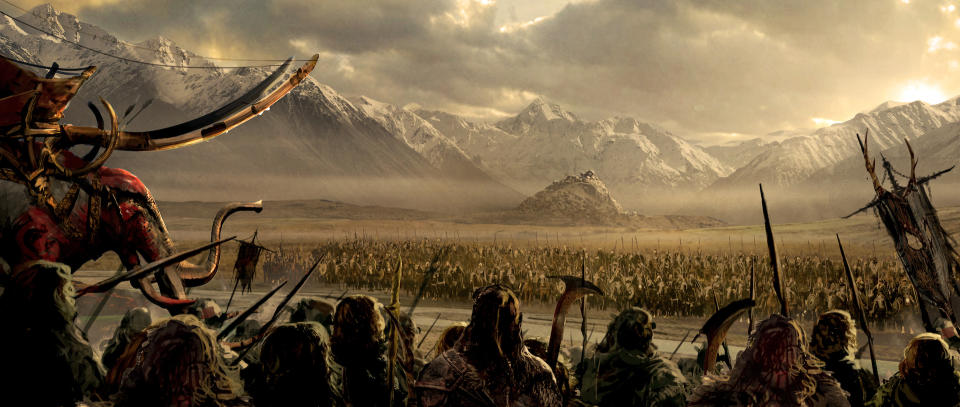The armies of Dunland, including a mumakil (or oliphaunt), amass near the Horse Lords’ capital of Edoras on the plains of Rohan.