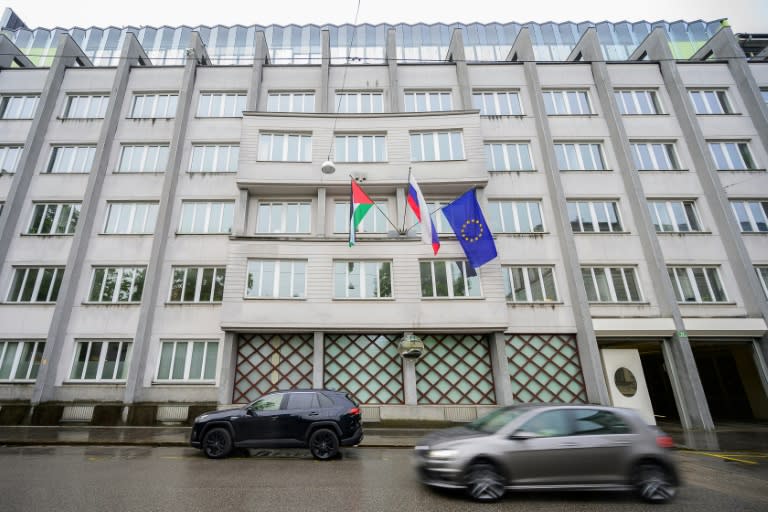 This photograph taken in Ljubljana on May 30, 2024 shows a Palestinian flag next to the Slovenian and European flags on the Government Building, as Government approved the recognition of a Palestinian State, and a vote is to be held in the Parliament on June 4. (Jure Makovec)