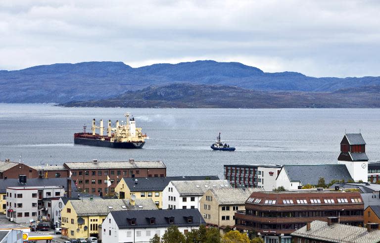 Hong Kong flagged Nordic Barents carrying 40,000 tonnes of iron ore leaves Kirkenes in the north of Norway on route to China via the Arctic Northeast passage in 2010