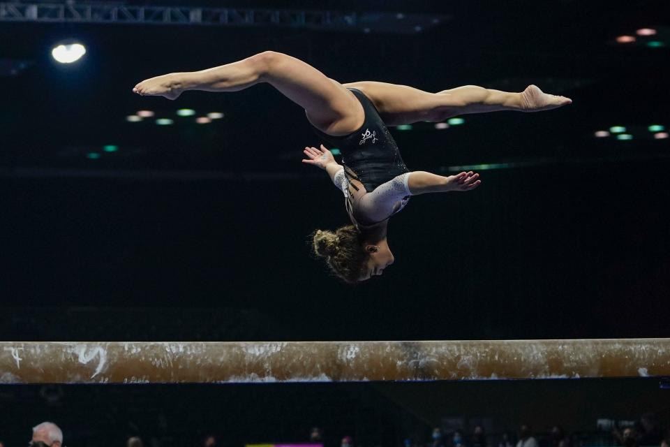 Laurie Hernandez performs her balance beam routine during the U.S. Classic gymnastics competition in Indianapolis, Saturday, May 22, 2021. (AP Photo/AJ Mast)