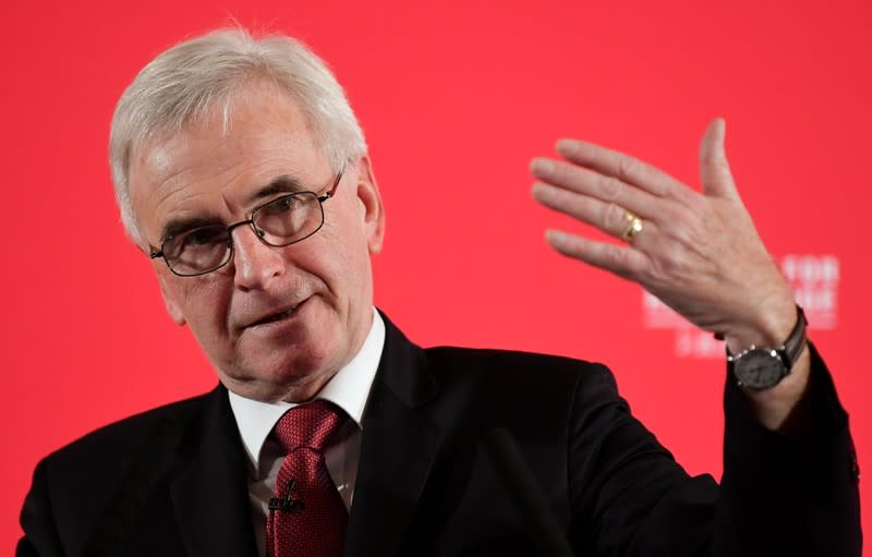 Britain's opposition Labour Party Shadow Chancellor John McDonnell speaks during a general election campaign event in London